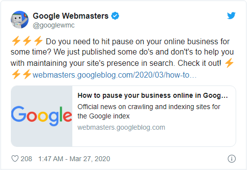 Google搜索通告：疫情期间不要关站会影响网站排名